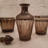 Carafe, glass and pot Portieux in smoked glass and silver art deco