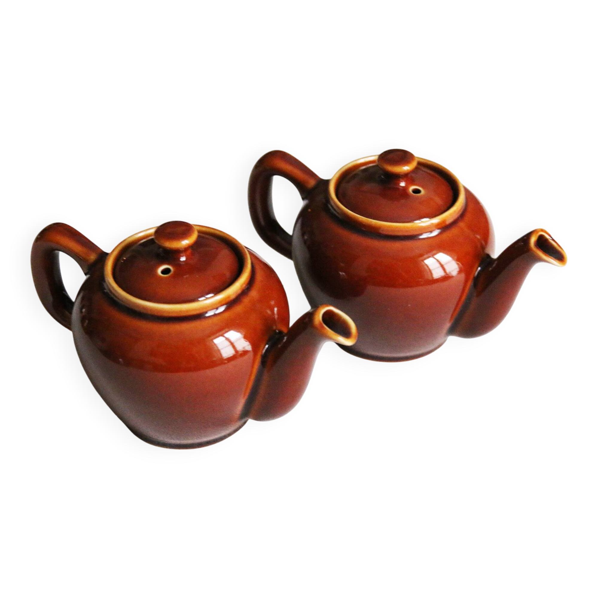 2 brown glazed ceramic teapots