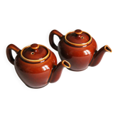 2 brown glazed ceramic teapots