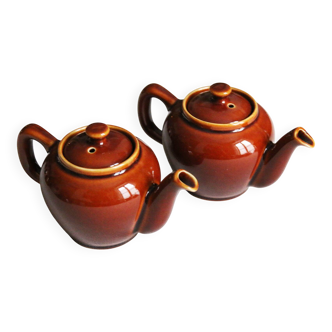 2 brown glazed ceramic teapots