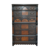 Victorian Wellington chest in figured elm by R Crosby & Son with 160 seal impressions.