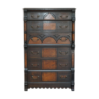 Victorian Wellington chest in figured elm by R Crosby & Son with 160 seal impressions.