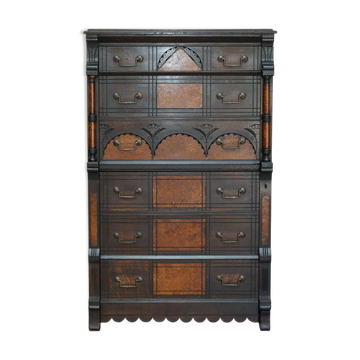 Victorian Wellington chest in figured elm by R Crosby & Son with 160 seal impressions.