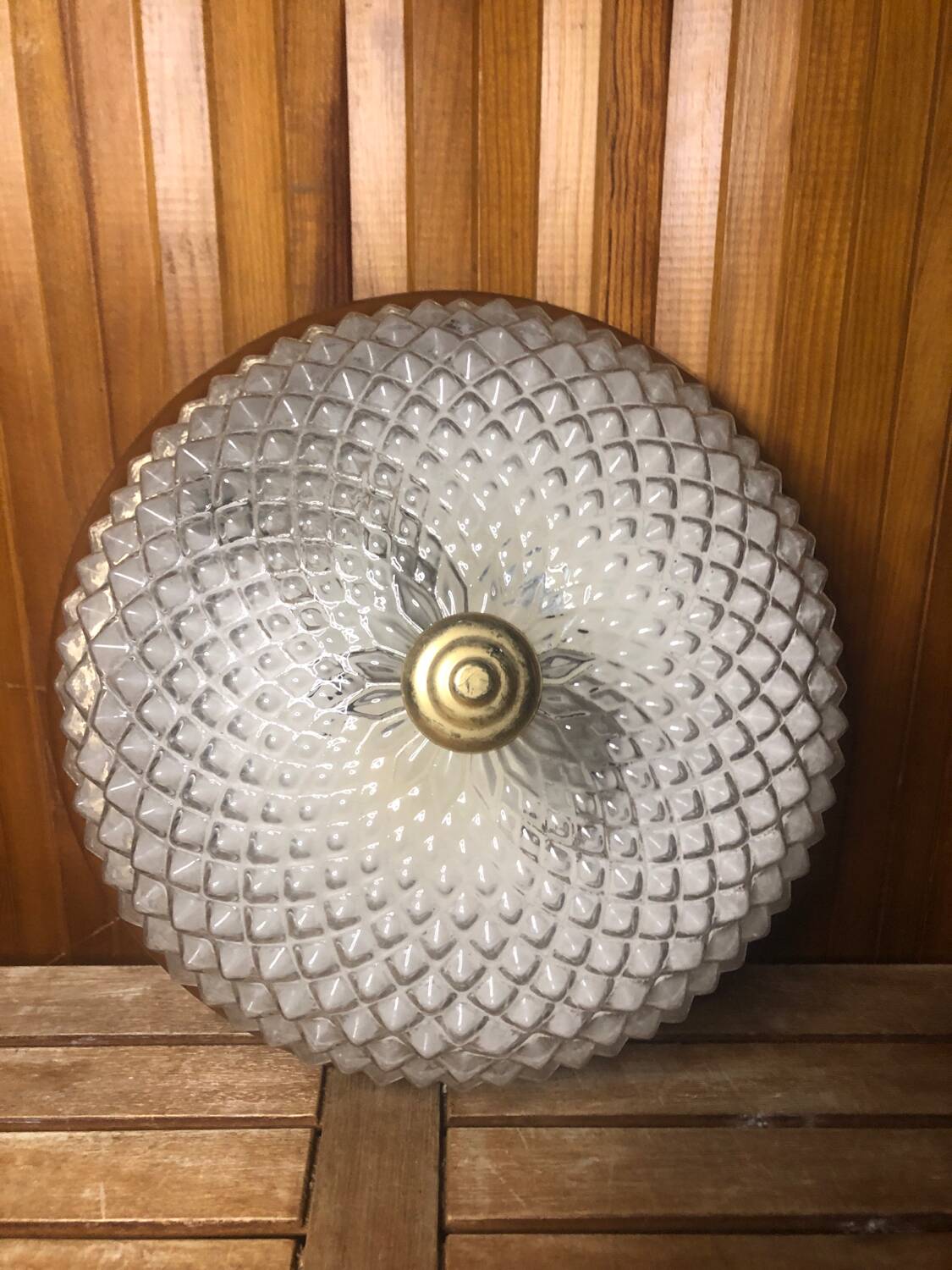Old molded glass ceiling light + brown & gold metal contour vintage