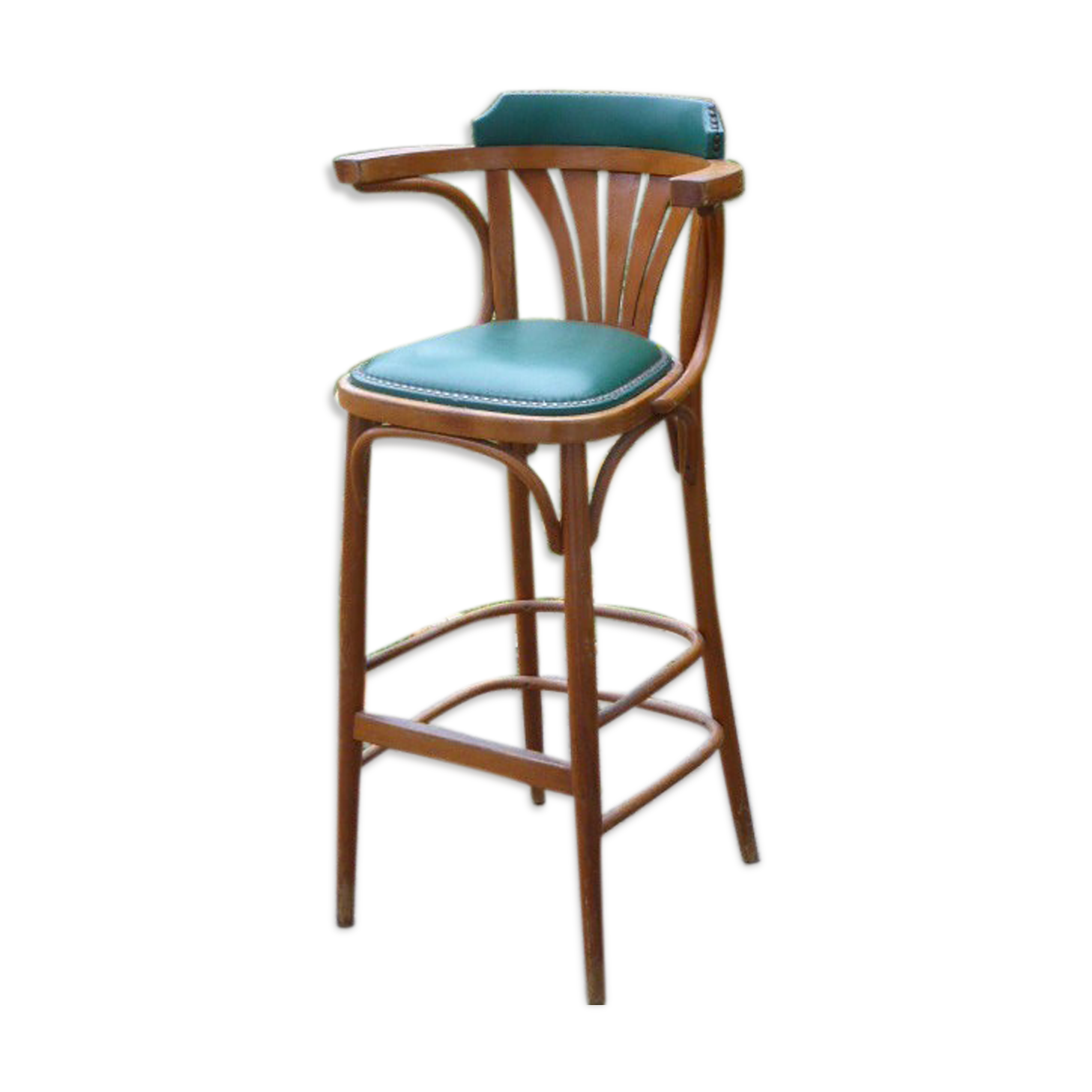 Bar stool in green leather and curved wood