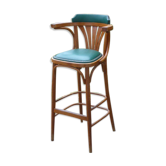 Bar stool in green leather and curved wood