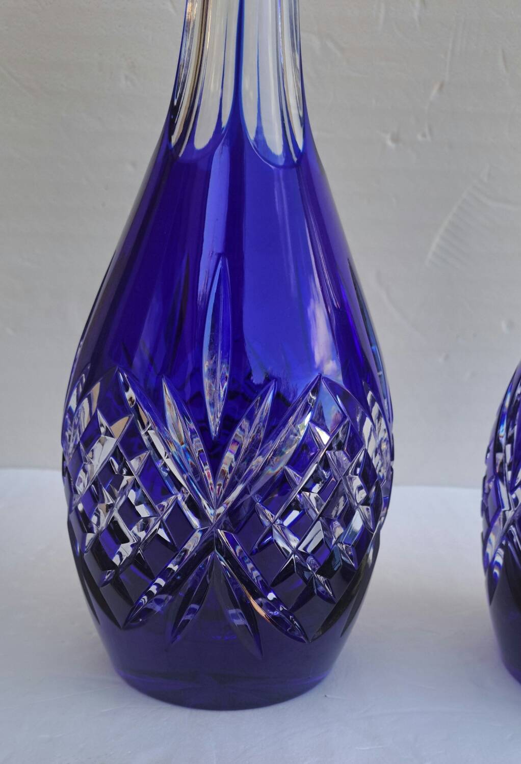 Pair of cobalt blue crystal decanters