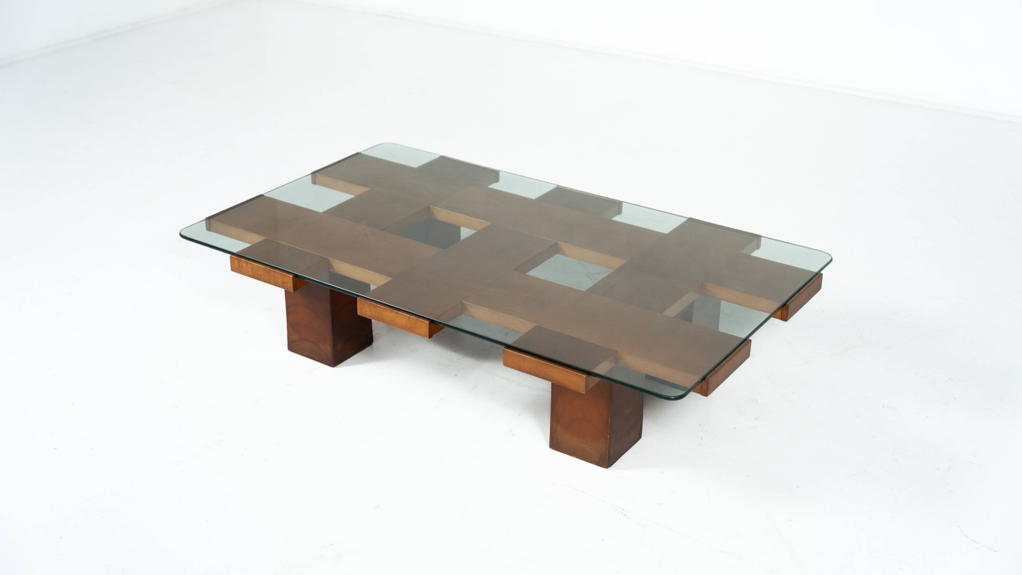 Mid-Century Rectangular Coffee Table, Walnut and Glass, Italy, 1960s