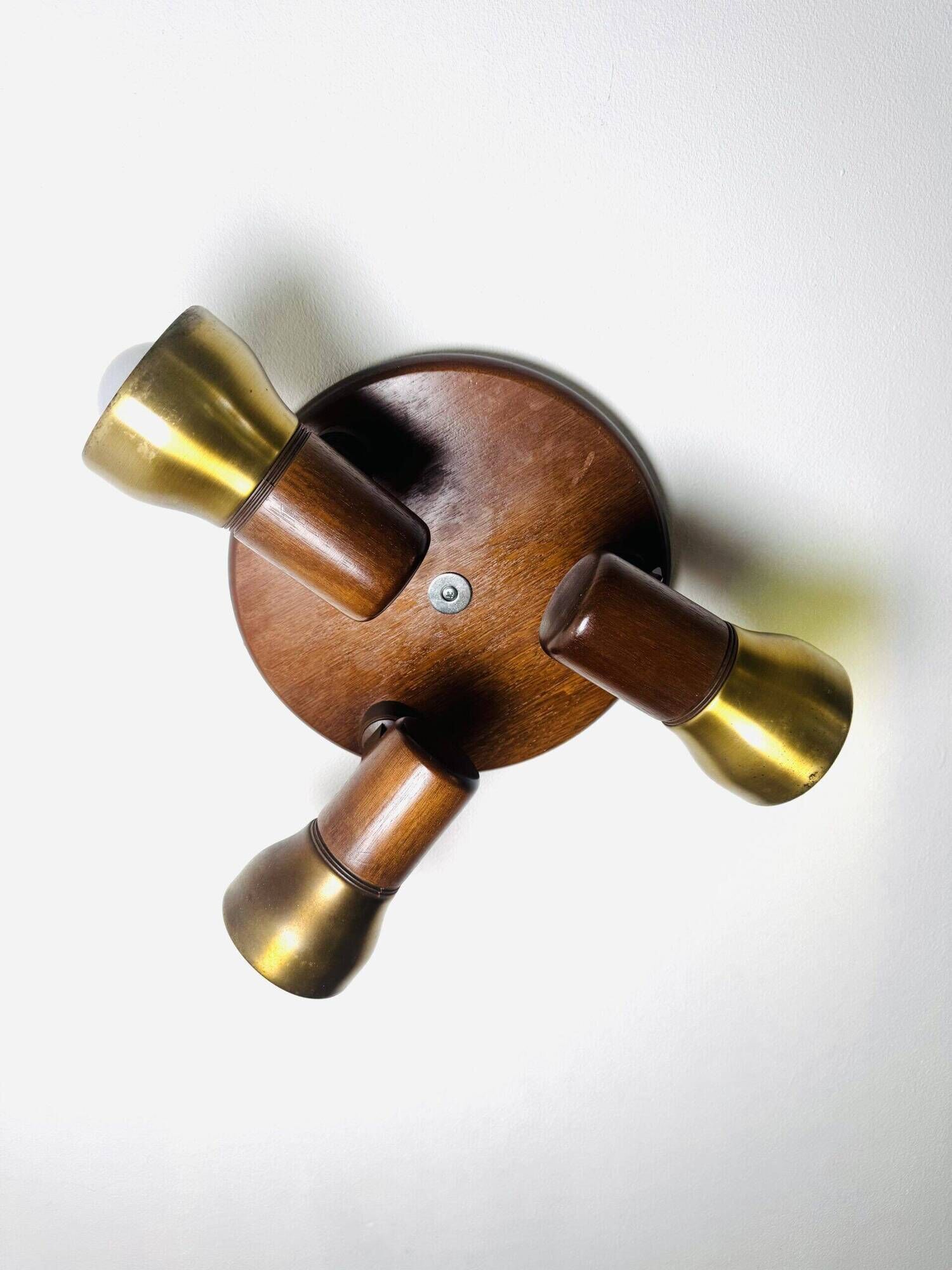Model 837 Trio-Light Adjustable Ceiling Lamp In Wood And Brass By Temde Leuchten, Switzerland 1960S