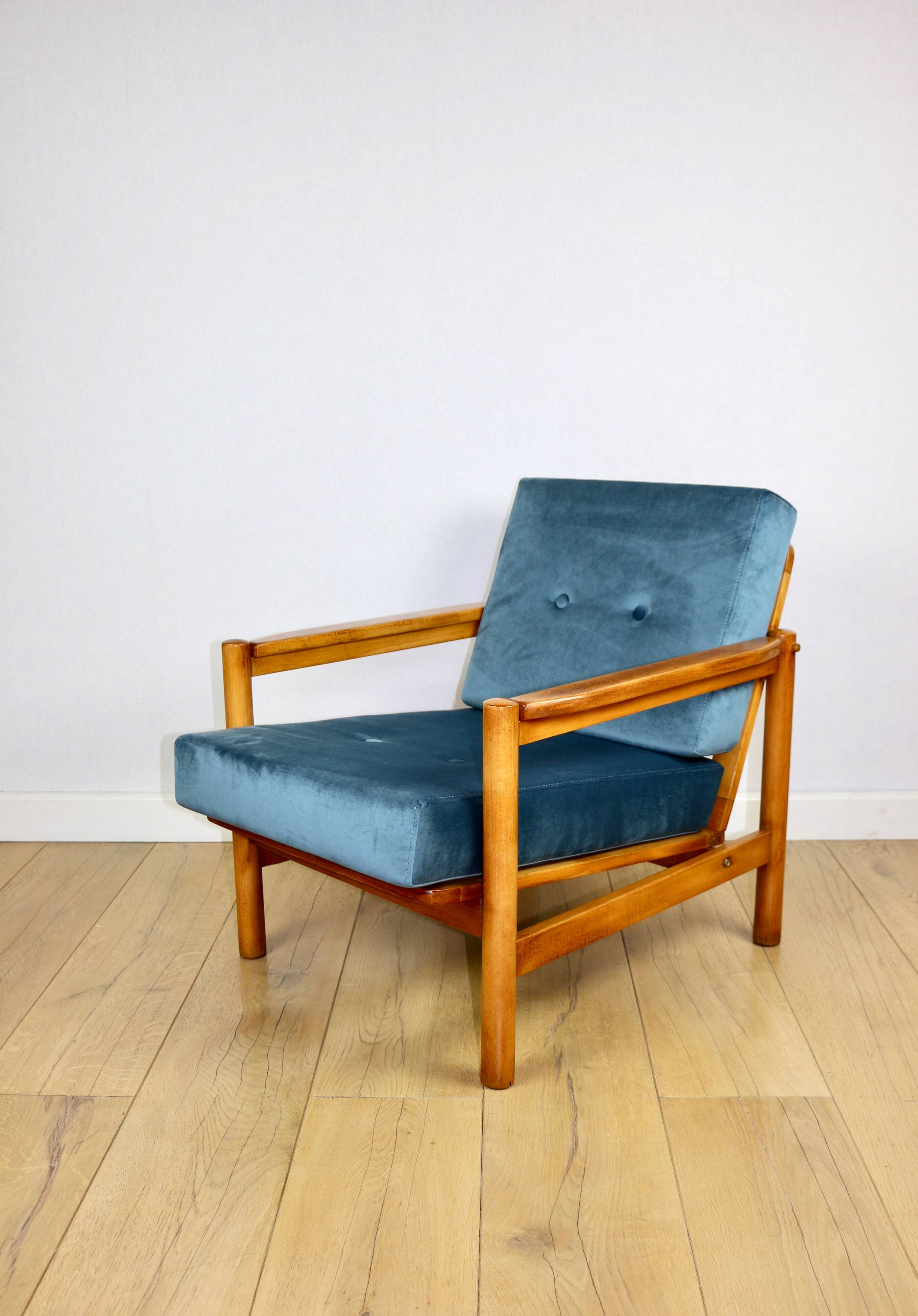 Wooden vintage armchair brown sea blue design by Z. Bączyk - light wood