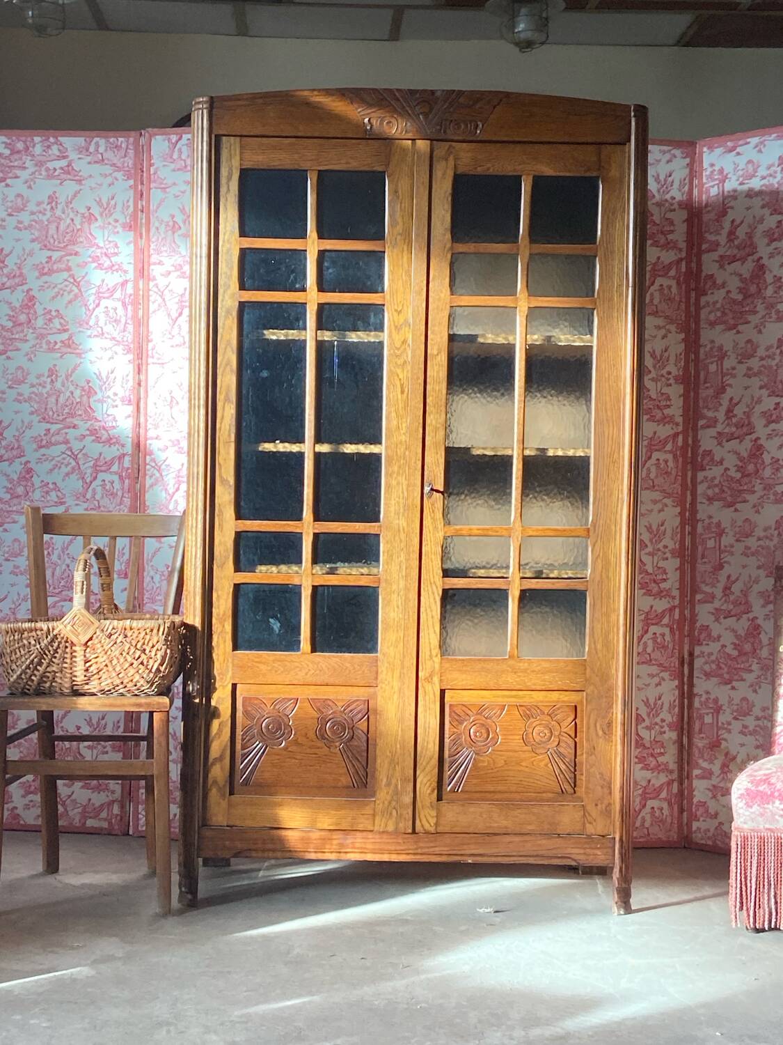 Small Art Deco period oak cabinet with glass front