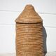 Old basket, burgundy straw and bramble, woven basket with lid, pantry