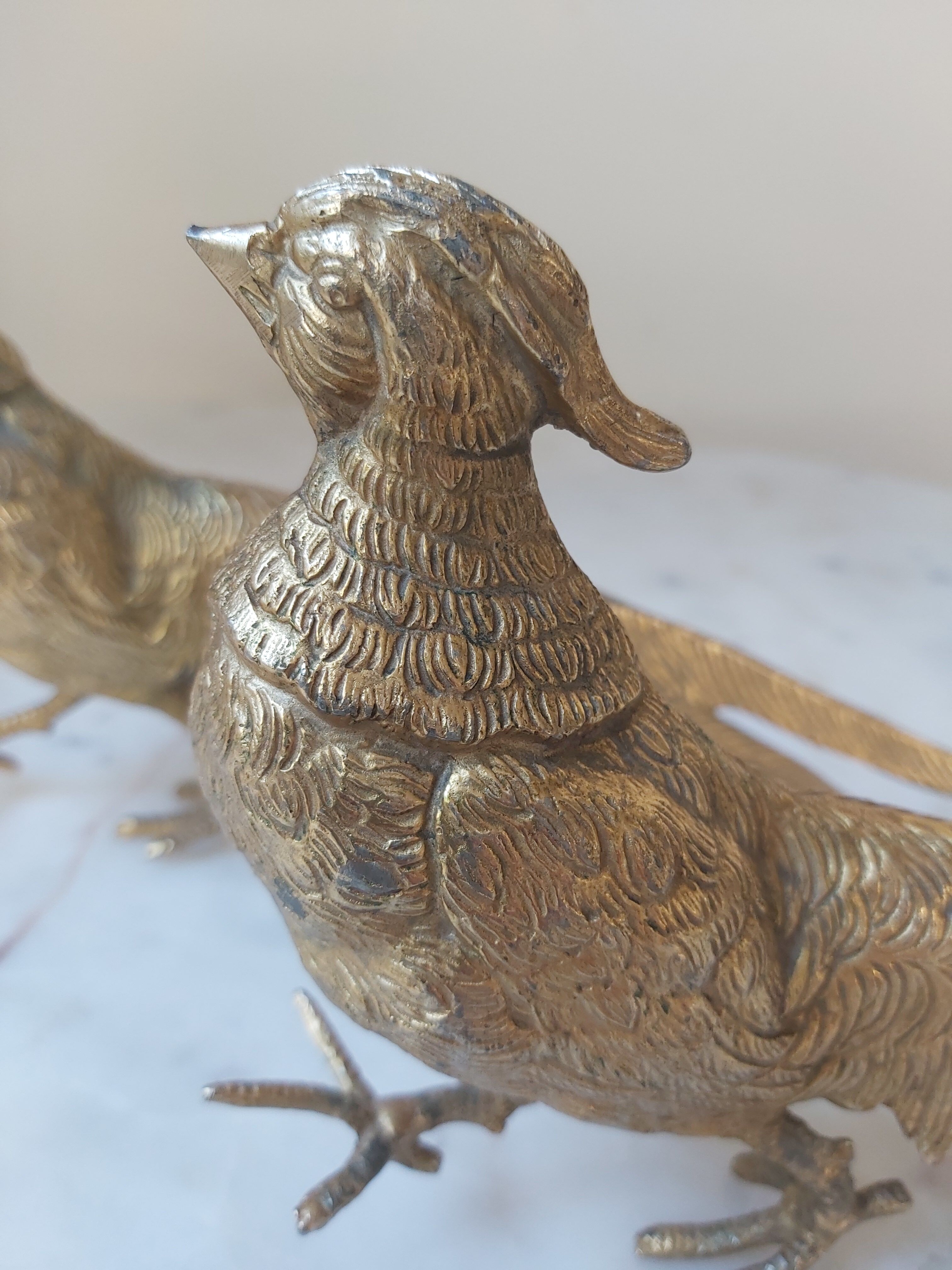 Set of 2 brass sculptures, pheasant couple