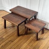 Vintage set of 3 brutalist oak nesting tables 1970
