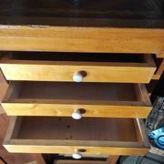 Parisian cabinet in solid wood with three drawers, marquetry and patina.