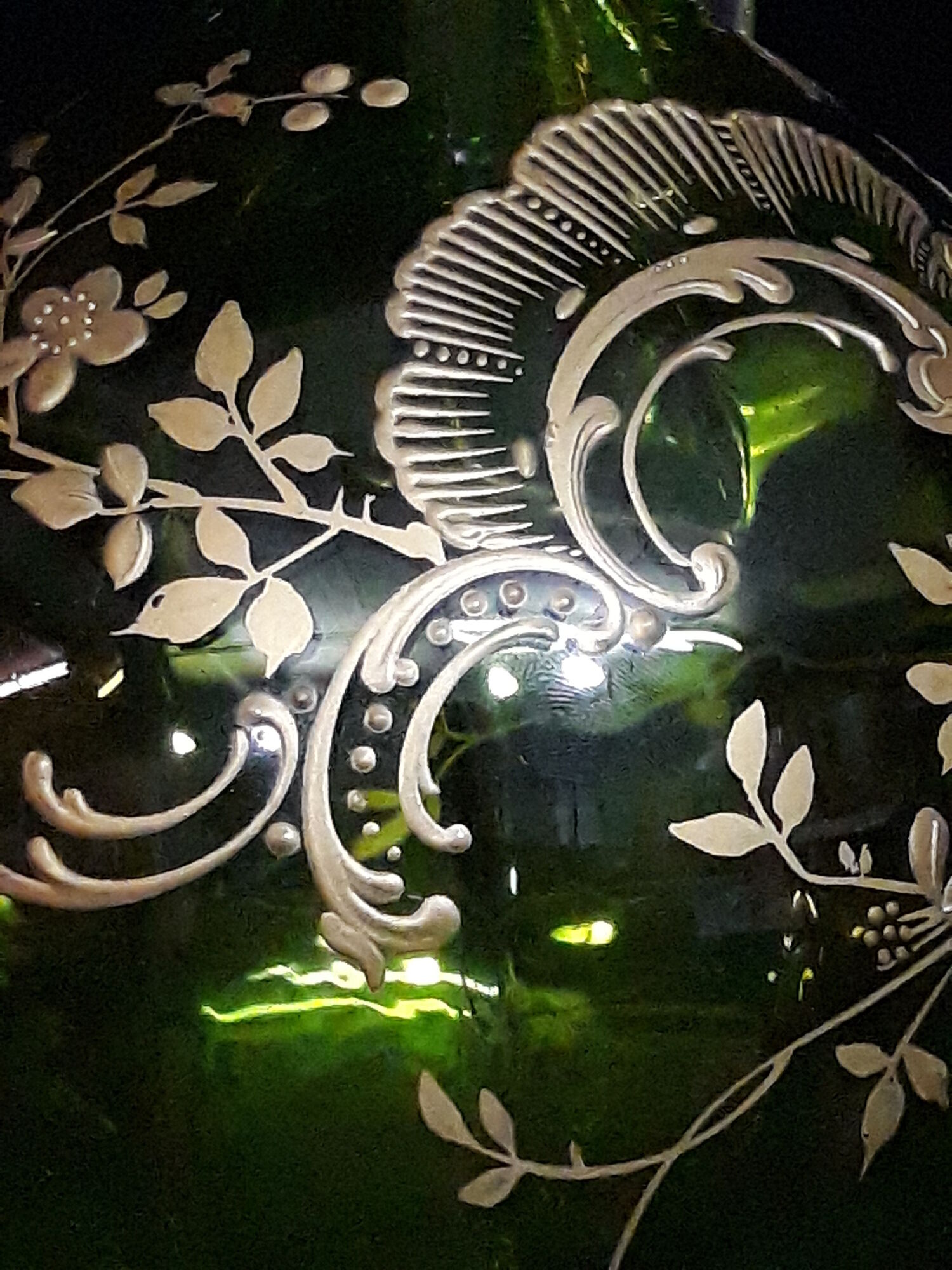 Small carafe and green glass drop glasses with rococo golden emailed decor