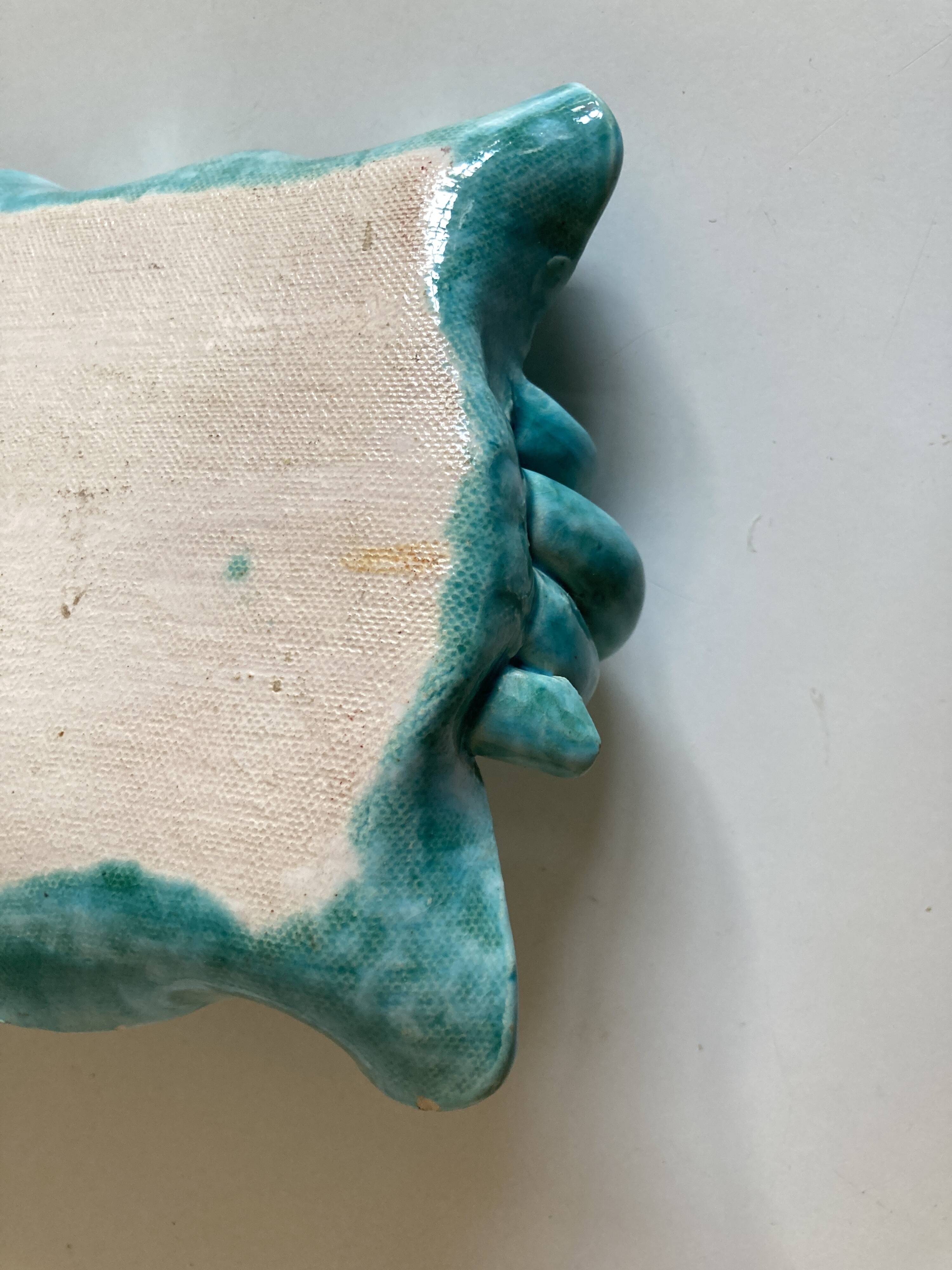 Wavy turquoise glazed earthenware plate 1960 Provence