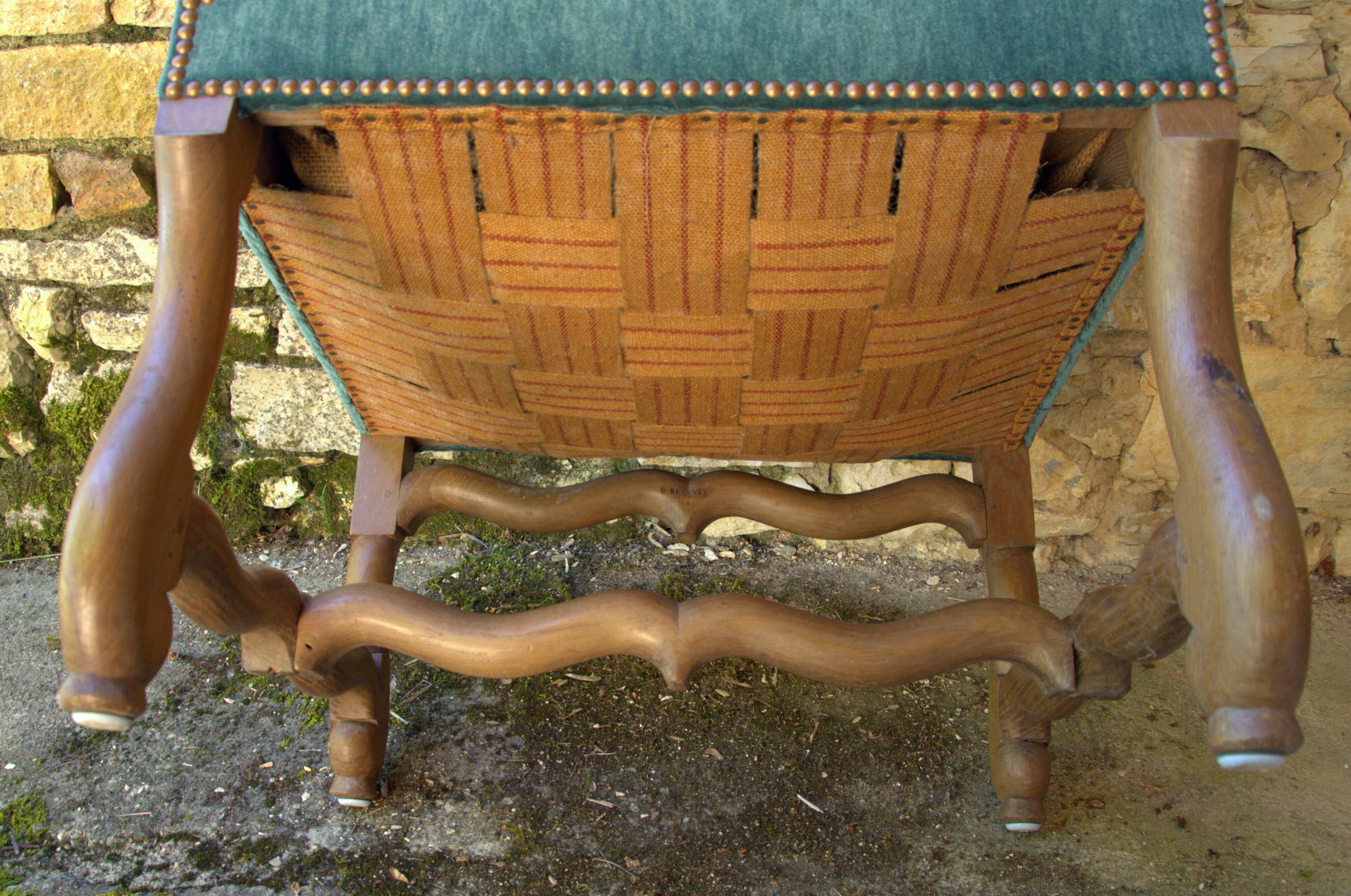 Antique Louis XIII style armchair, duck blue velvet, 67x112cm, G.Besnard