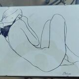 Litho from Delacoux, woman lying naked under glass