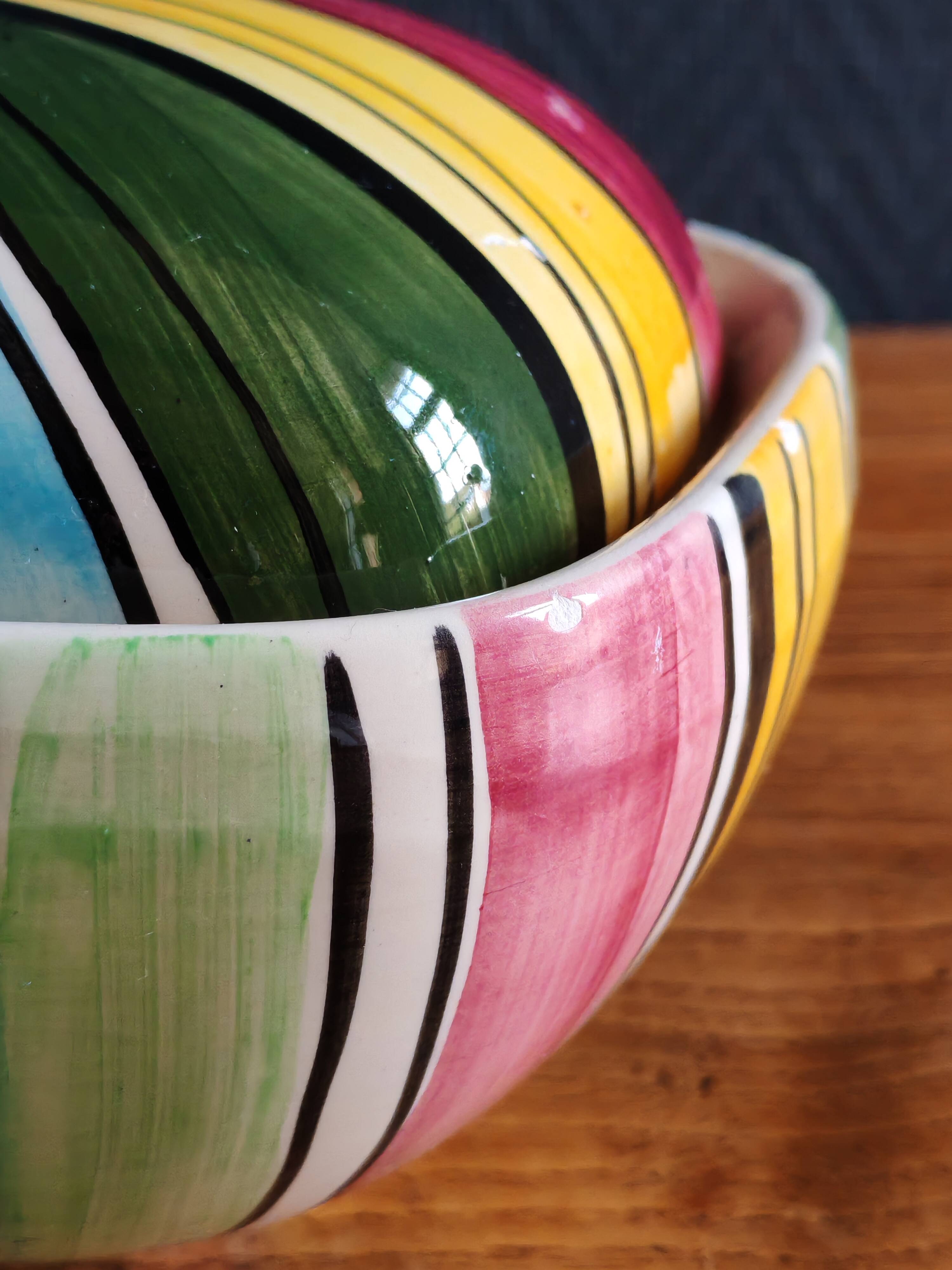 Vintage Ceramic Bonbonnière with Colourful Stripes - Jewellery Box