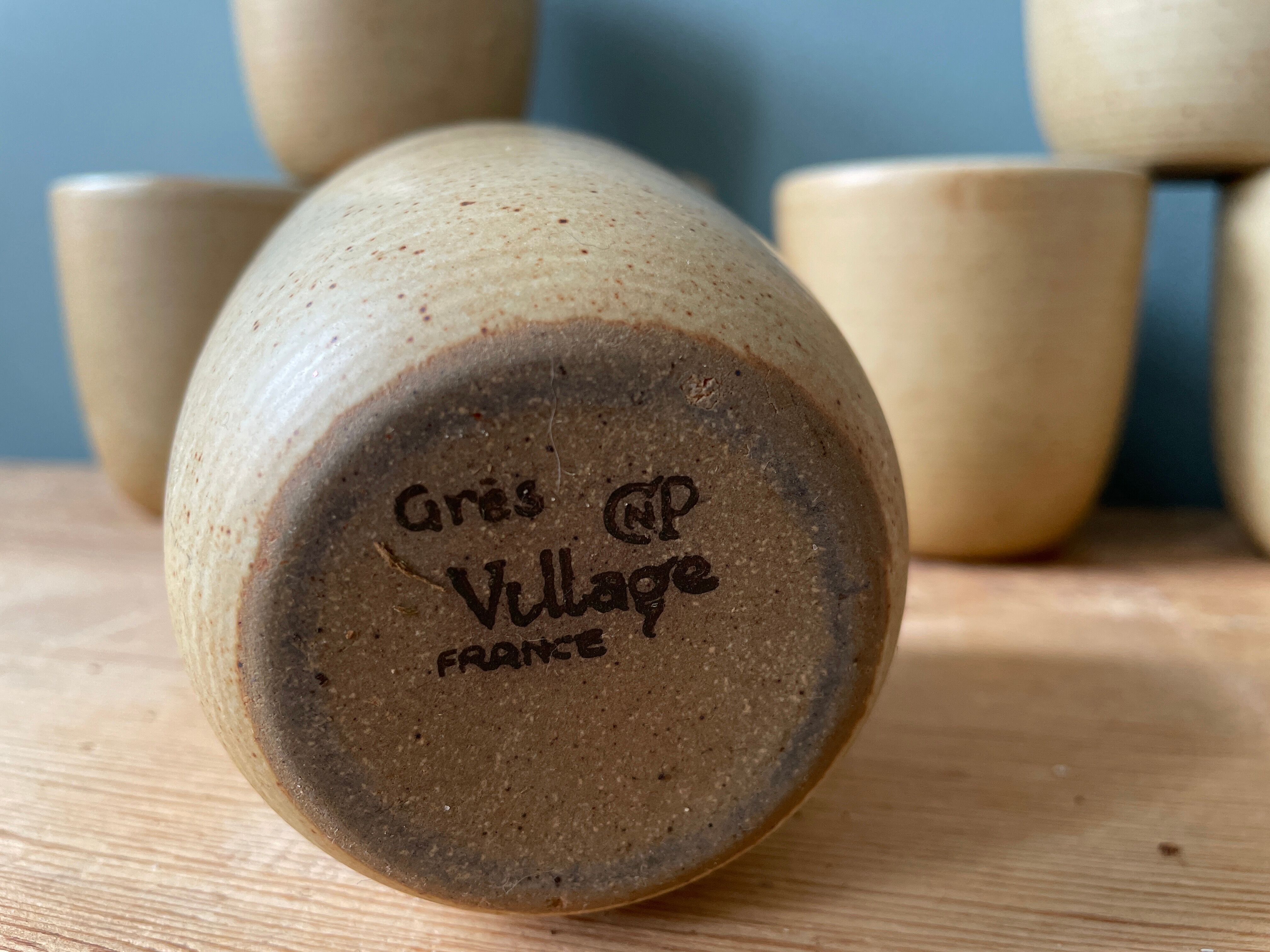 Set of 7 vintage stoneware cups, Grès CNP Village France