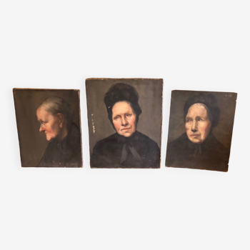 Triptych old oil portraits, women 19th century