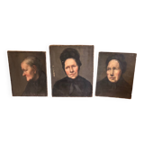 Triptyque portraits a l’huile anciens, femmes XIXe