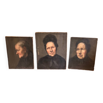 Triptyque portraits a l’huile anciens, femmes XIXe