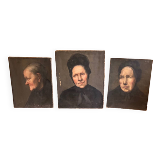 Triptych old oil portraits, women 19th century