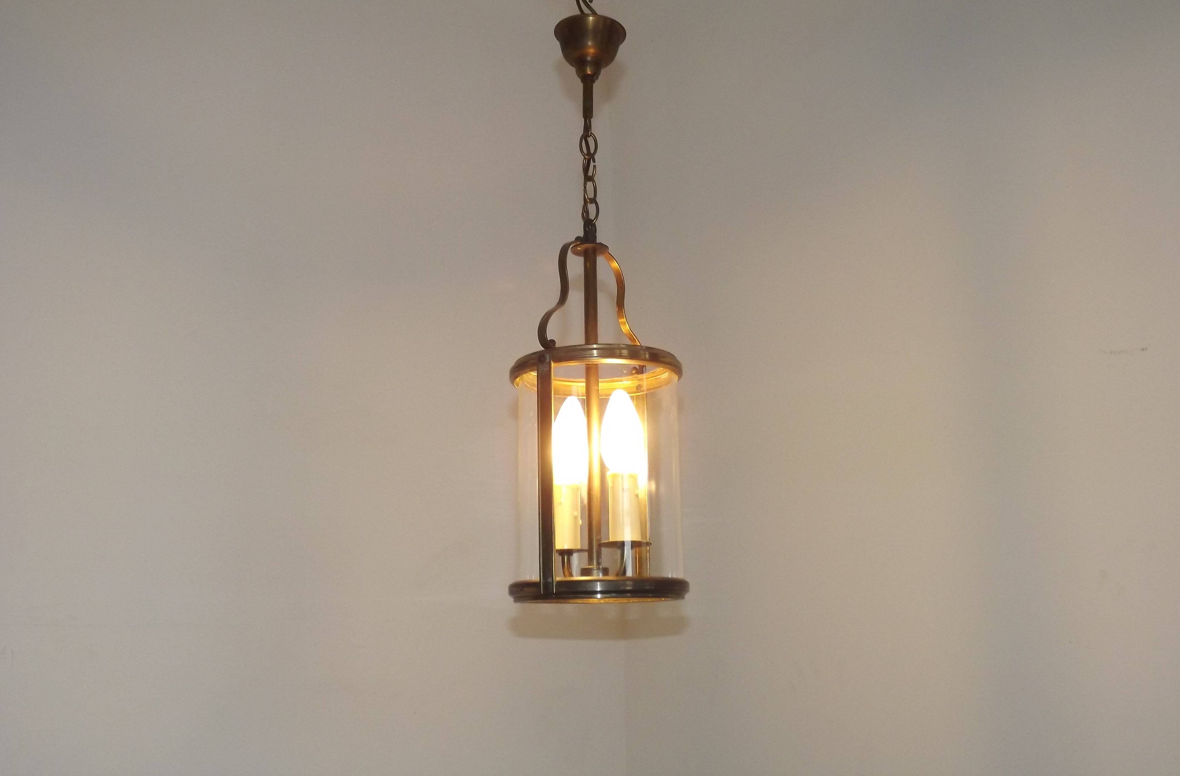 French Vintage Brass 2 Light Hanging Lantern With Cylindrical Glass Shade 4948