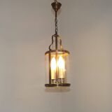 French Vintage Brass 2 Light Hanging Lantern With Cylindrical Glass Shade 4948