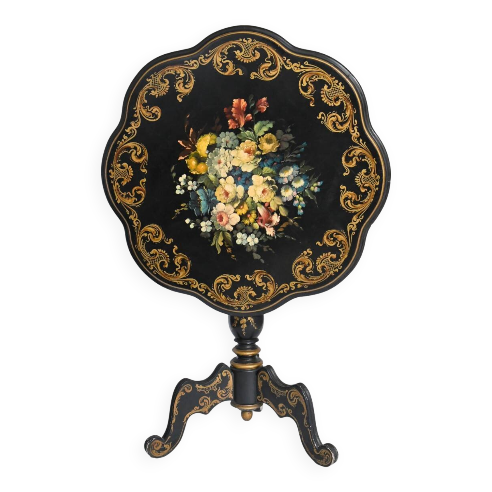 Blackened wooden side table decorated with a painted bouquet of flowers.