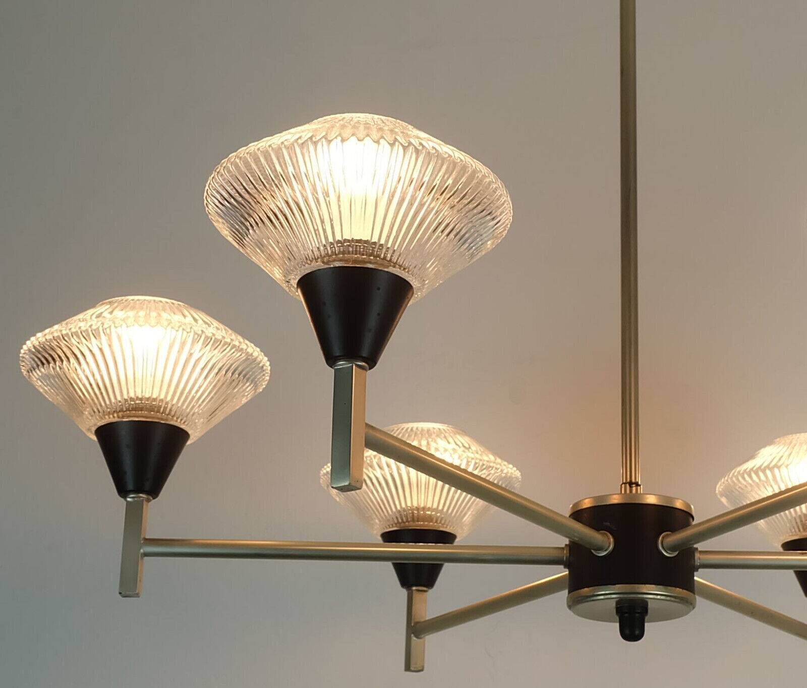 6-light mid century CHANDELIER pendant light glass aluminum and metal earyl 1960s