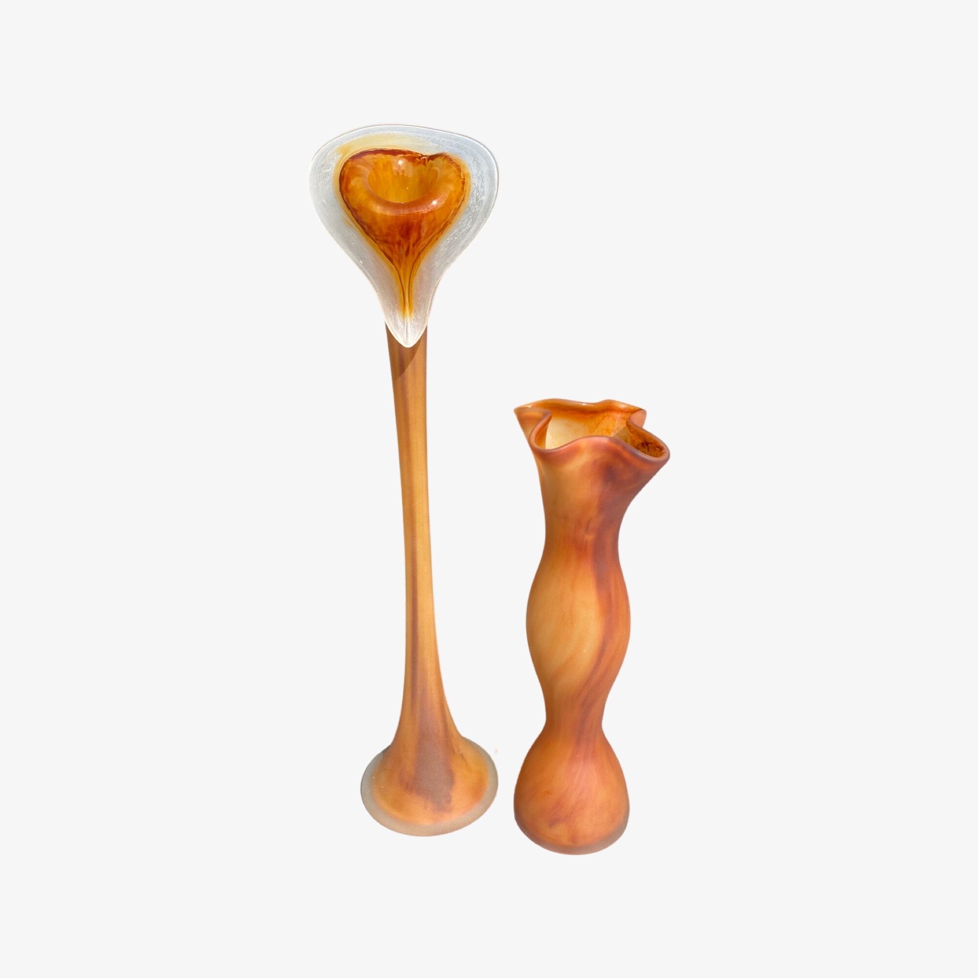 Old hand blown glass sculptures | set of 2 orange handblown home decor vases