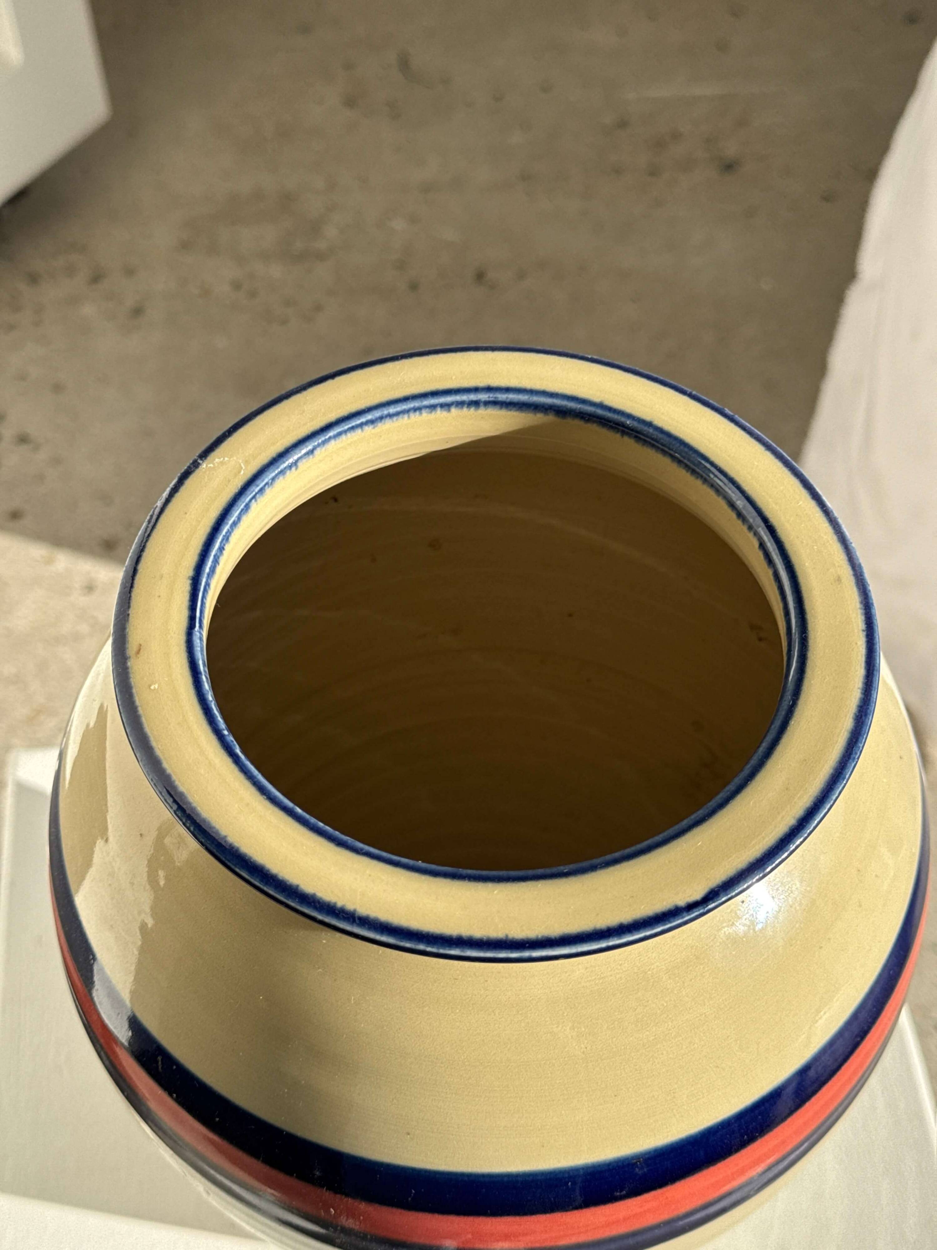 Large beige vase with blue and pink trim H27 D21