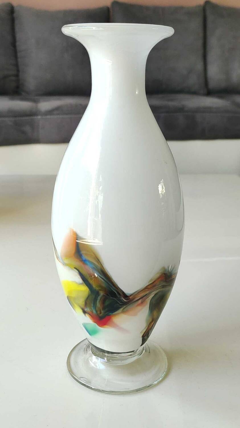 Flamed vase/volutes in white opaline/polychrome Art Glass. Murano style. High 23.5 cm