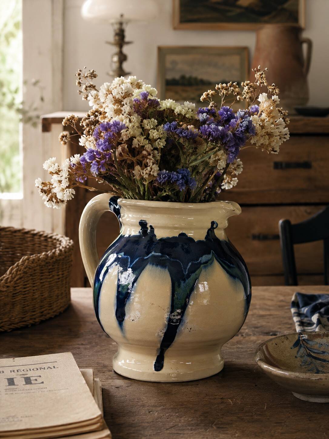 handcrafted ceramic jug with navy blue drip glaze.