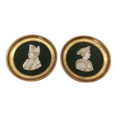 Paire de médaillons Napoléon Ier et Joséphine - Bois doré d'époque (Ø 10,8