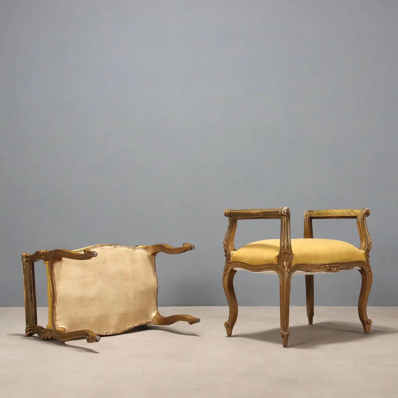Pair of antique baroque-style benches in carved wood, Italy, 20th century.