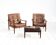 Scandinavian teak and leather lounge set with two armchairs and ottoman