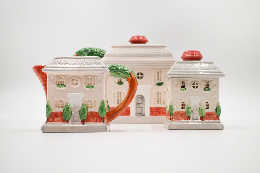 Fitz and Floyd teapot, sugar bowl and milk jar set