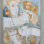 1998 "The Trio" Modernist Style Swedish Expressionist Portrait Oil Painting, Framed