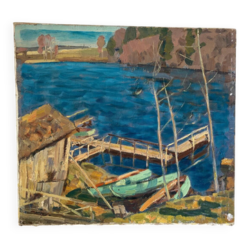 Huile sur toile  "Bateaux à rames sur le ponton"