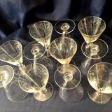 Set of 10 engraved glass water glasses from the 1930s 1940s tabletop art