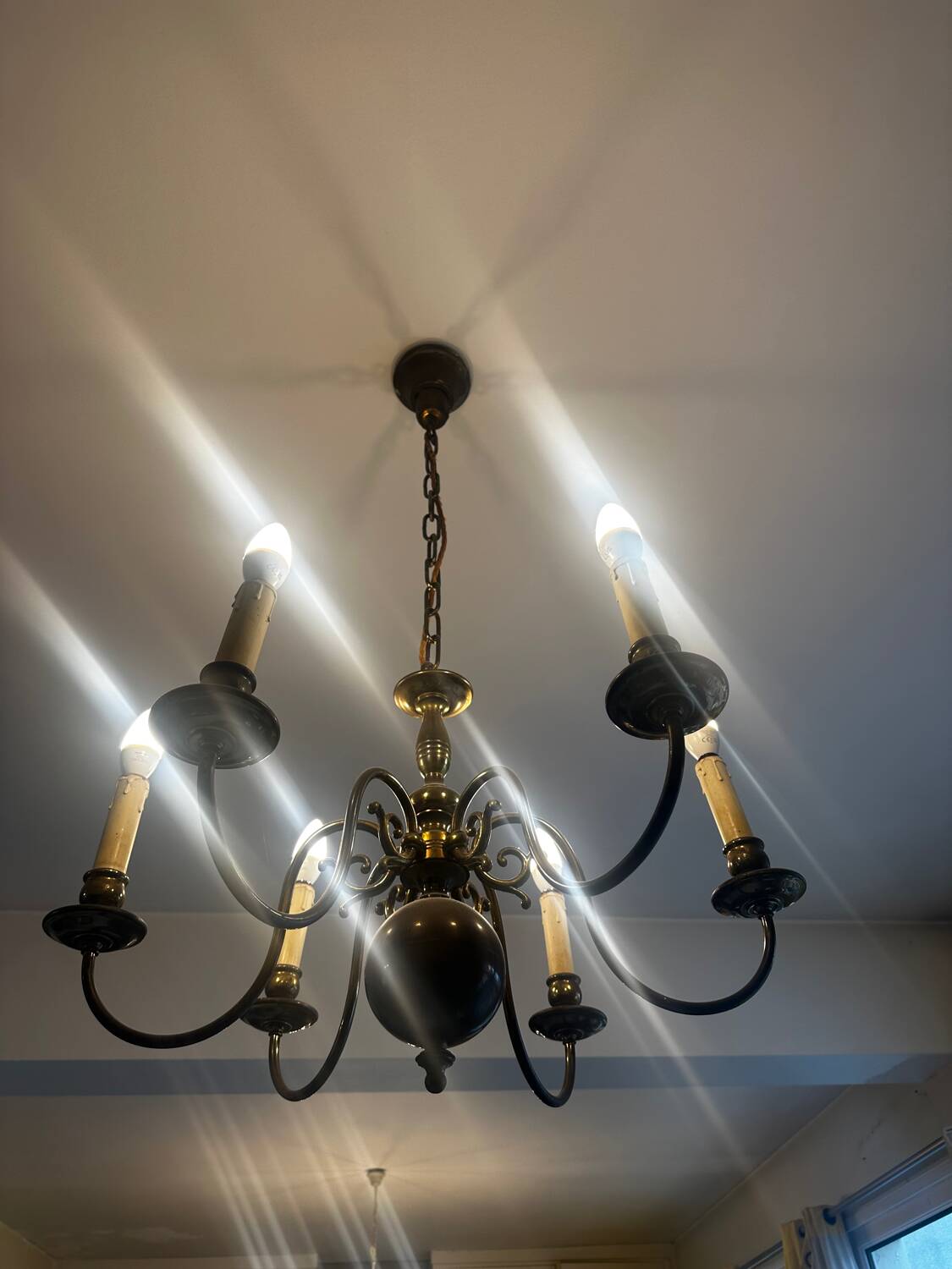 Brass Mid-Century Chandelier - 6 light branches