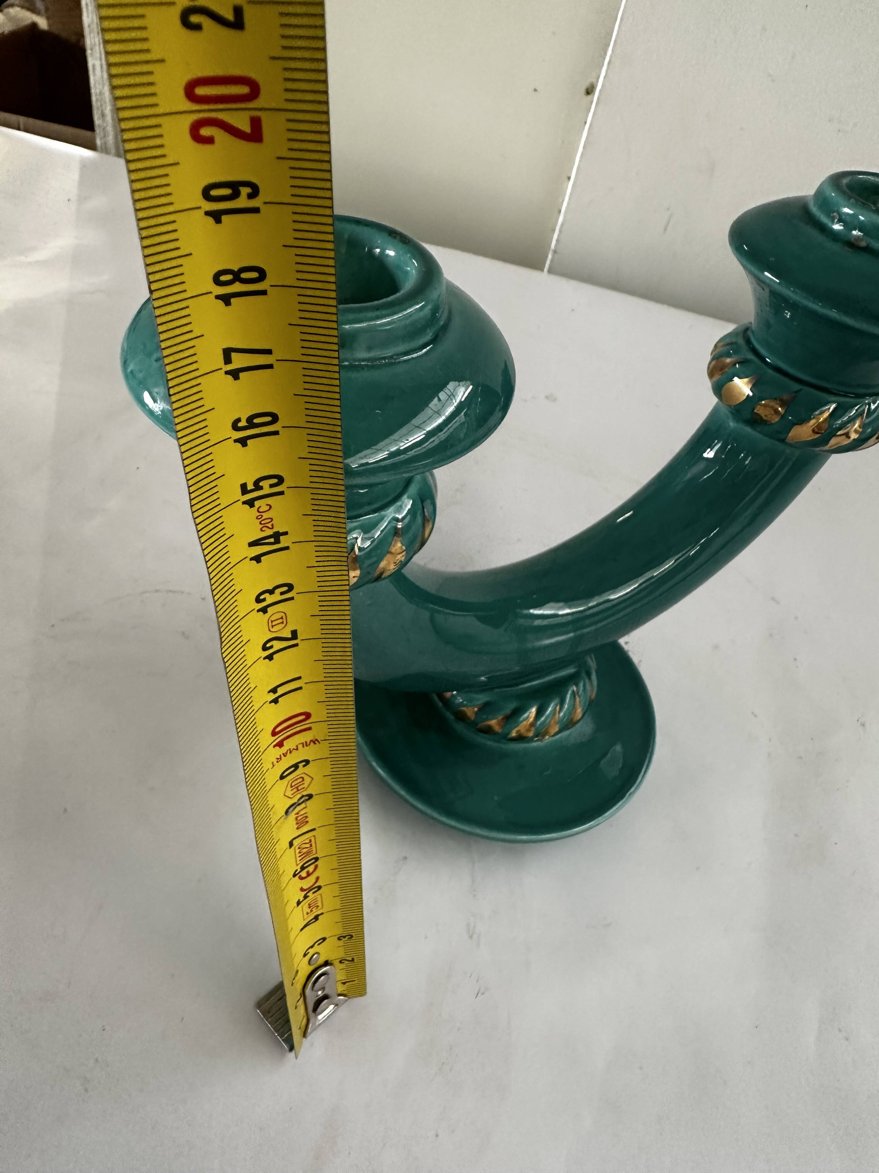 Art Deco candlestick in green and gold glazed ceramic, attributed to Vallauris