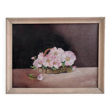 Vintage original flower oil painting, floral still life art