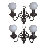 Pair of vintage French silvered Flemish wall sconces, double, with white glass shades 5006.