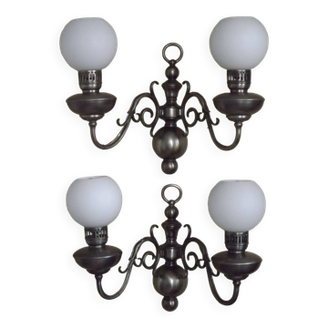 Pair of vintage French silvered Flemish wall sconces, double, with white glass shades 5006.
