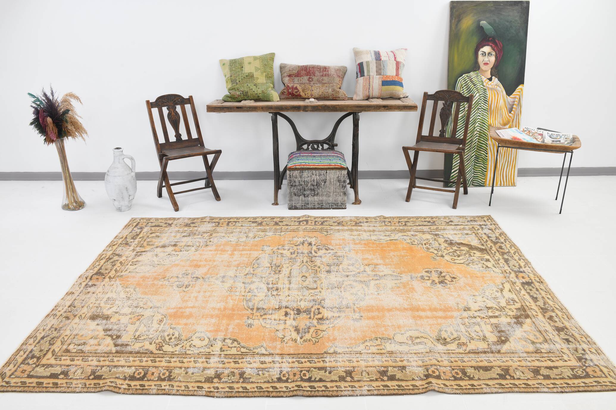 6x9 Peach Yellow Soft Pastel Turkish Vintage Rug, 185x276Cm SK 5250